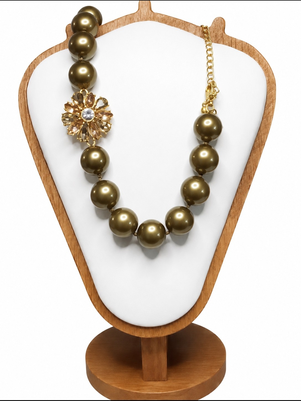 Lia Sophia Bronze/Olive Faux Pearl Statement Necklace with Crystal Flower Accent